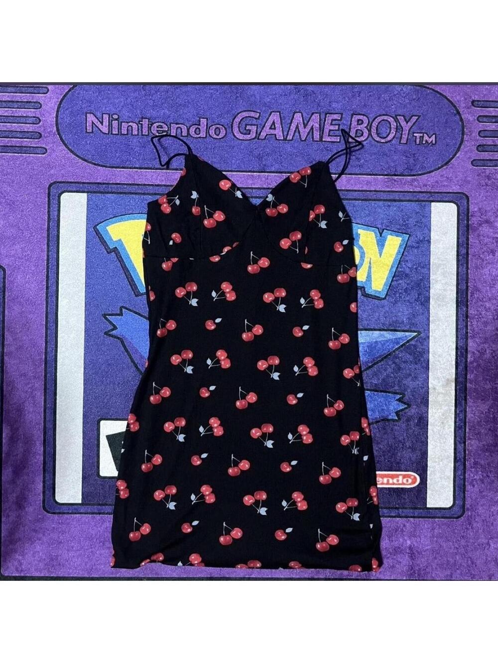 Black y2k cherry print mini summer dress with straps